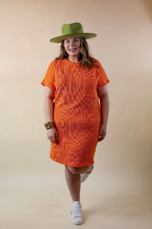 Coffee and Carefree Ribbed Short Sleeve Dress with Front Pocket in Orange