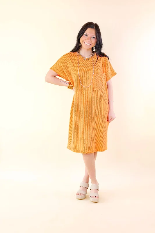 Coffee and Carefree Ribbed Short Sleeve Dress with Front Pocket in Orange