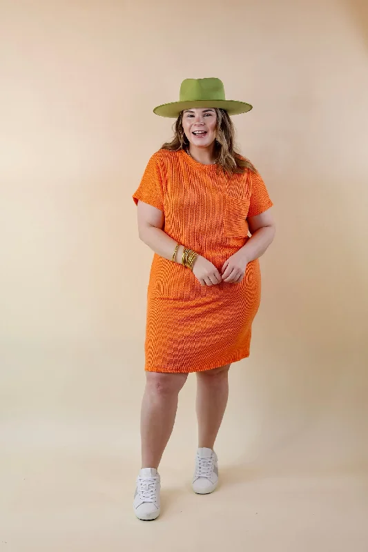 Coffee and Carefree Ribbed Short Sleeve Dress with Front Pocket in Orange