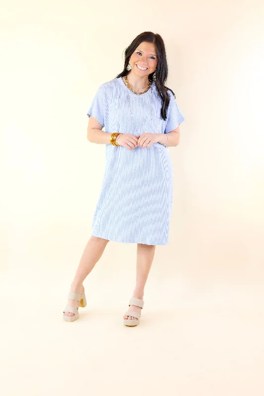 Coffee and Carefree Ribbed Short Sleeve Dress with Front Pocket in Sky Blue