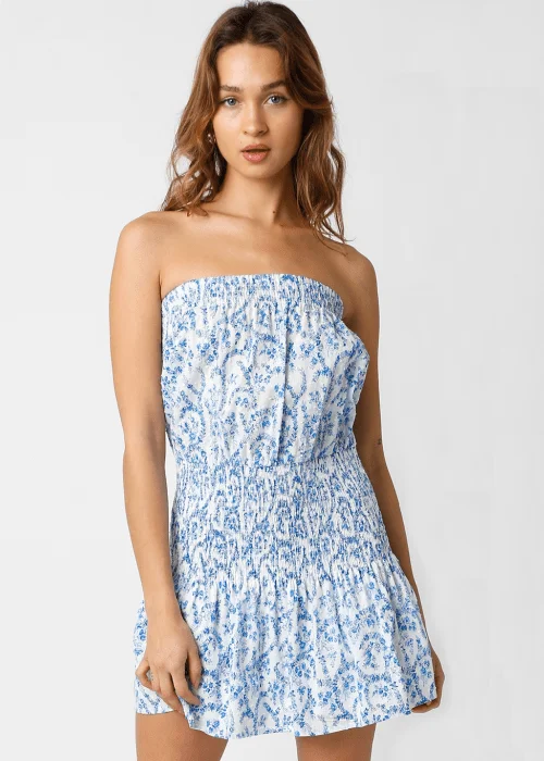 Delaney White and Blue Floral Strapless Mini Dress