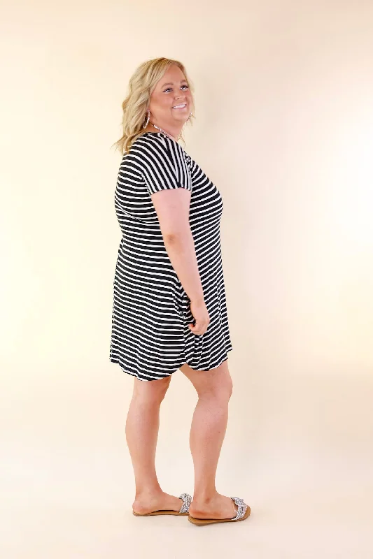 Effortless Moments Striped Short Sleeve Tee Shirt Dress in Black