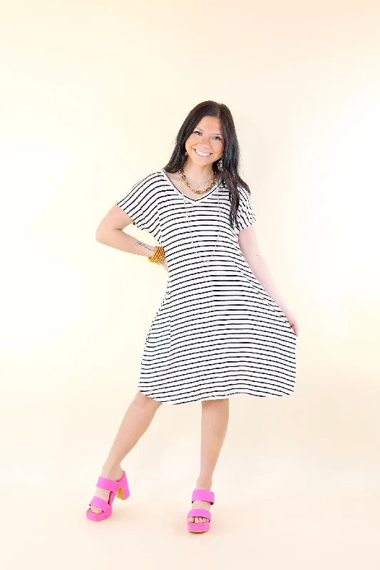 Effortless Moments Striped Short Sleeve Tee Shirt Dress in White