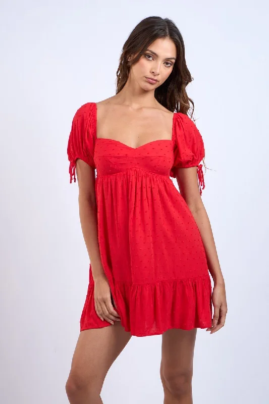 Harleigh Red Puff Sleeve Babydoll Mini Dress