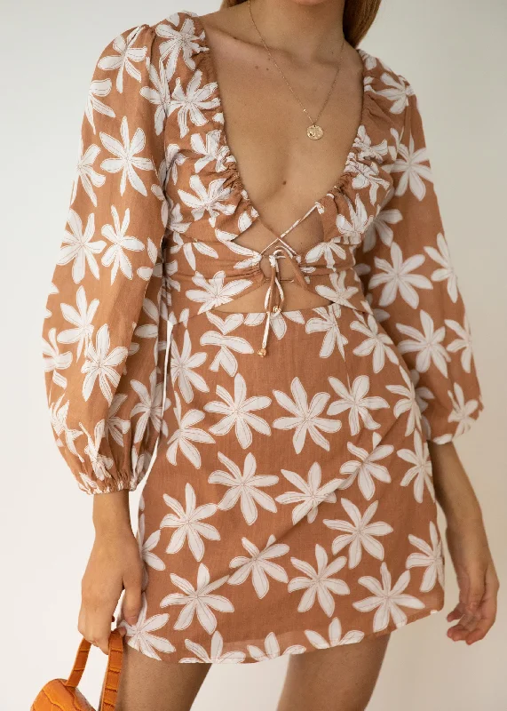 Italian Romance Cut Out Dress - Tan Floral