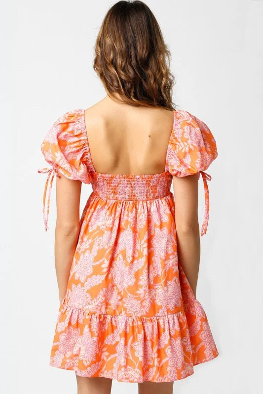 Jessie Orange and Lavender Floral Babydoll Mini Dress