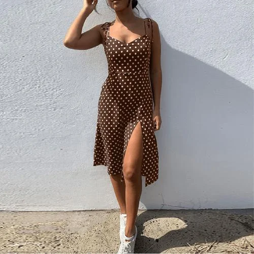 Amy Fashion - Lace Up Polka Dot Split Hem Backless Dress