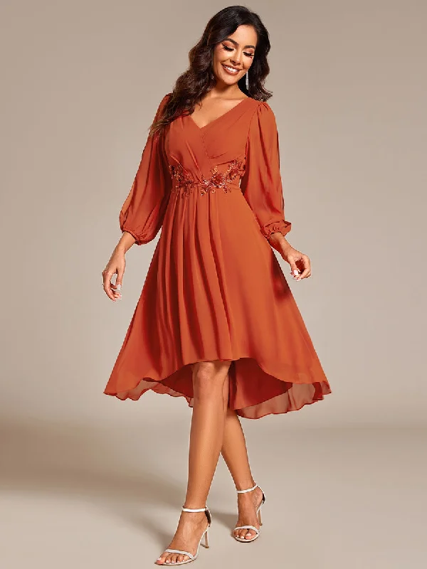 Long Sleeves Waist Applique A-Line Midi Chiffon Wedding Guest Dress