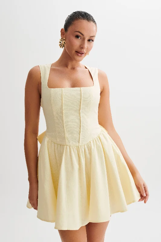 Marcella Linen Bow Back Mini Dress - Lemon Sherbet