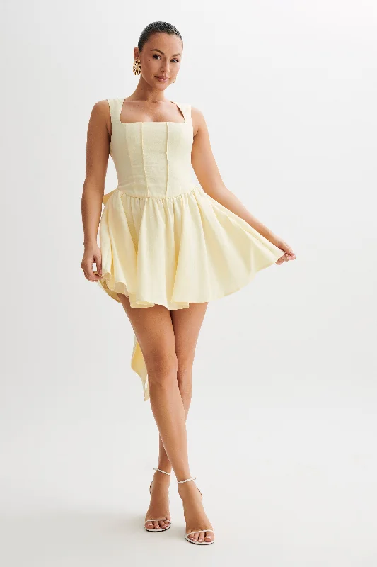 Marcella Linen Bow Back Mini Dress - Lemon Sherbet