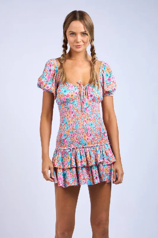 Mimi Aqua & Pink Floral Puff Sleeve Mini Dress