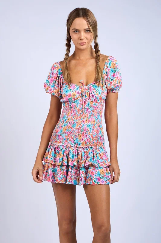 Mimi Aqua & Pink Floral Puff Sleeve Mini Dress