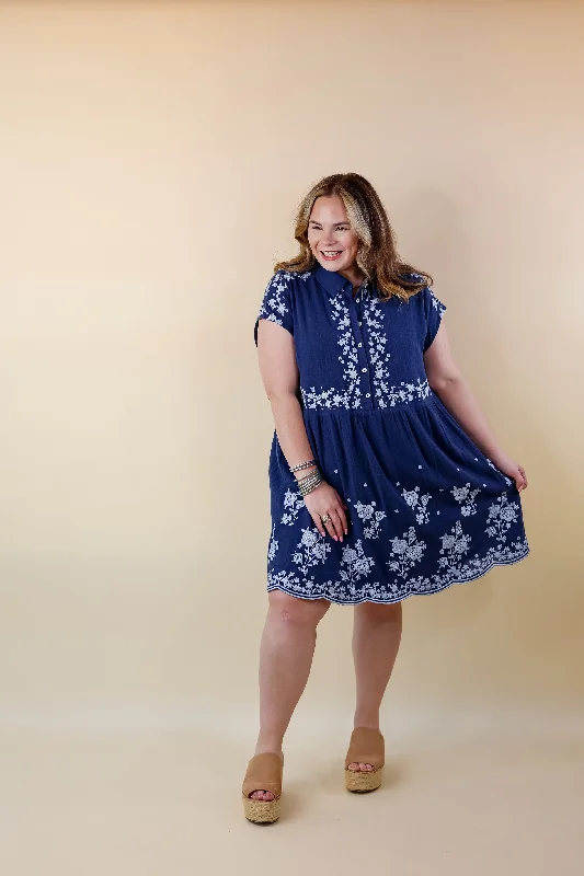 Nautical Blooms Quarter Button and Collar Embroidered Dress with Cap Sleeves in Navy Blue