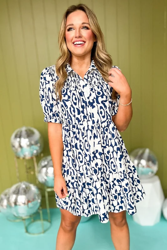 Navy Print Collared Smocked Yoke Wide Ruffled Hemline Dress