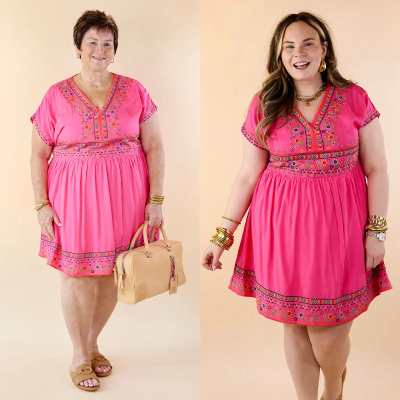 Passing Through V Neck Embroidered Dress with Short Sleeves in Pink