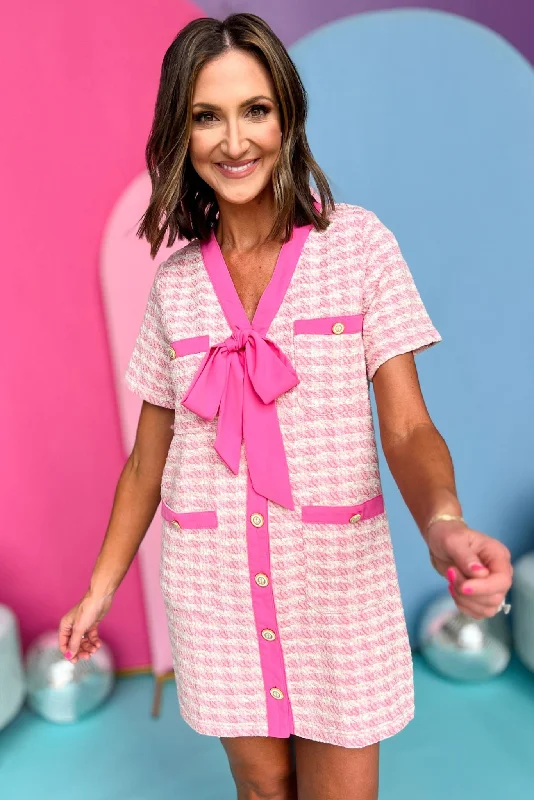 Pink V Neck Short Sleeve Contrast Ribbon Detailed Tweed Dress