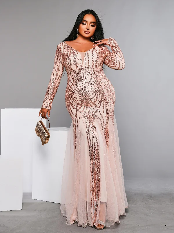 Plus Long Sleeve Sequin Prom Dress PM10008