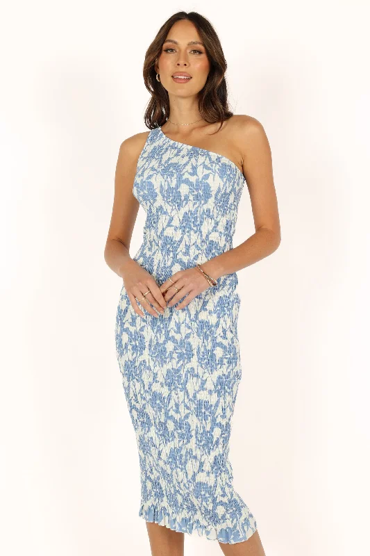 Renee One Shoulder Midi Dress - Blue Print