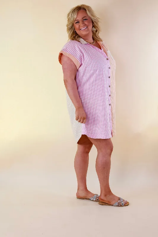 Seasonal Cruisin' Button Up Pinstripe Dress in Pink and Orange