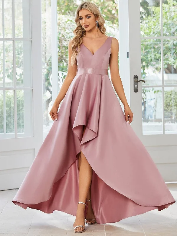 Simple Satin High-Low Sleeveless Prom Dress