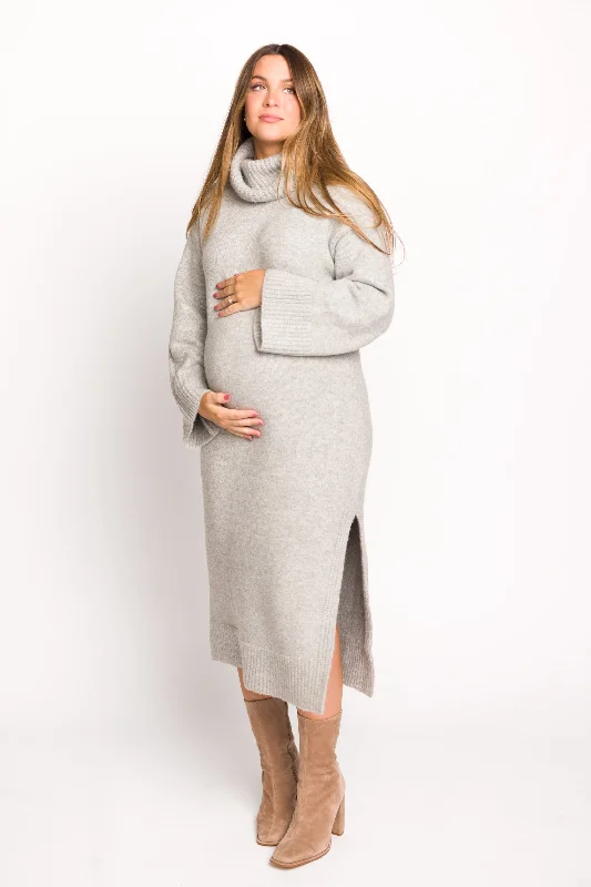 Melissa Cowl-Neck Sweater Midi Dress in Heather Grey