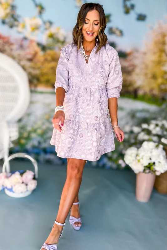 SSYS The Gloria 3/4 Sleeve Tiered Brocade Dress In Lavender