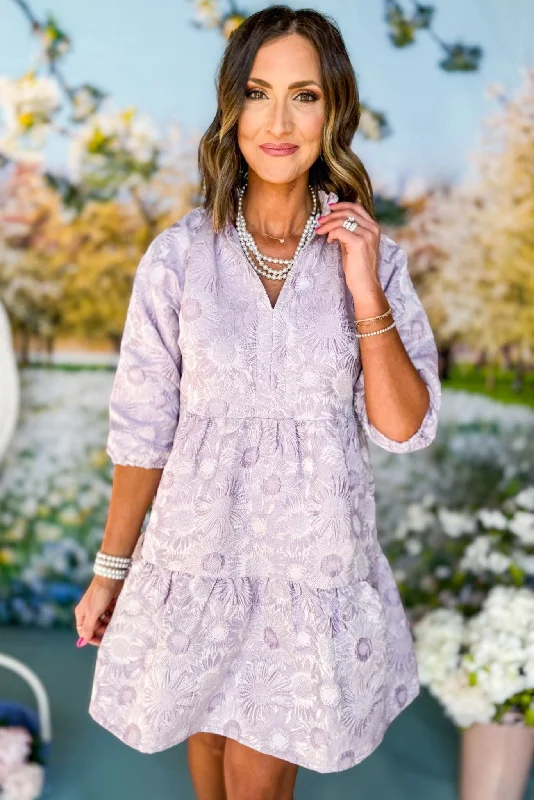 SSYS The Gloria 3/4 Sleeve Tiered Brocade Dress In Lavender