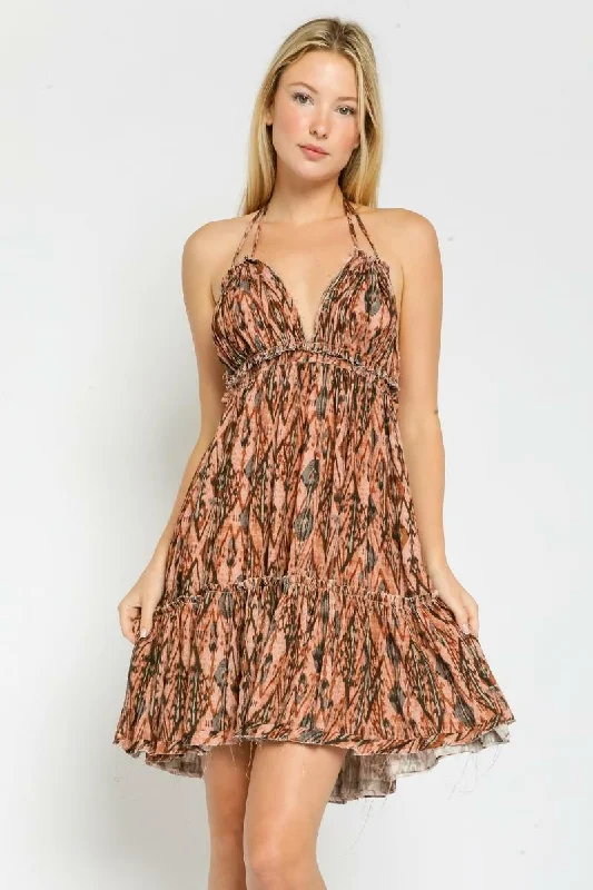 Under The Sun Rust Retro Print Halter Mini Dress