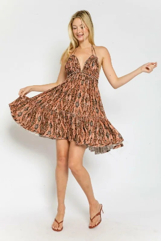 Under The Sun Rust Retro Print Halter Mini Dress