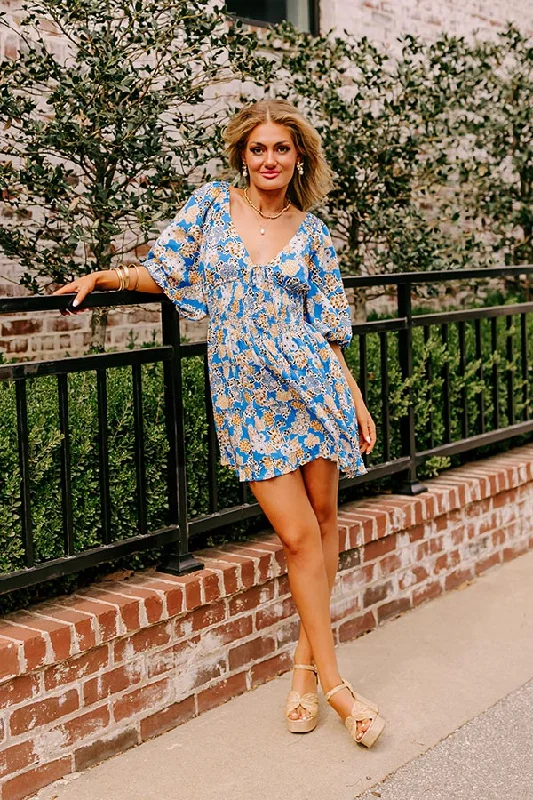 Whispering Muse Floral Mini Dress In Ocean Blue