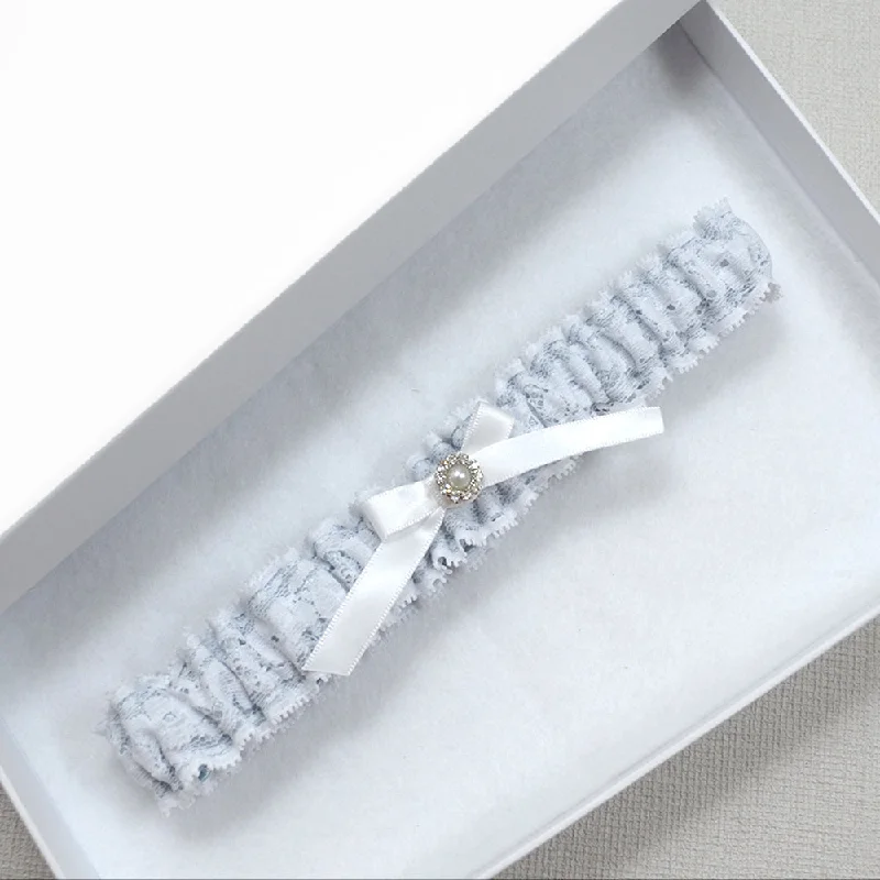 Agatha Blue Silk and White Lace Bridal Garter For Wedding