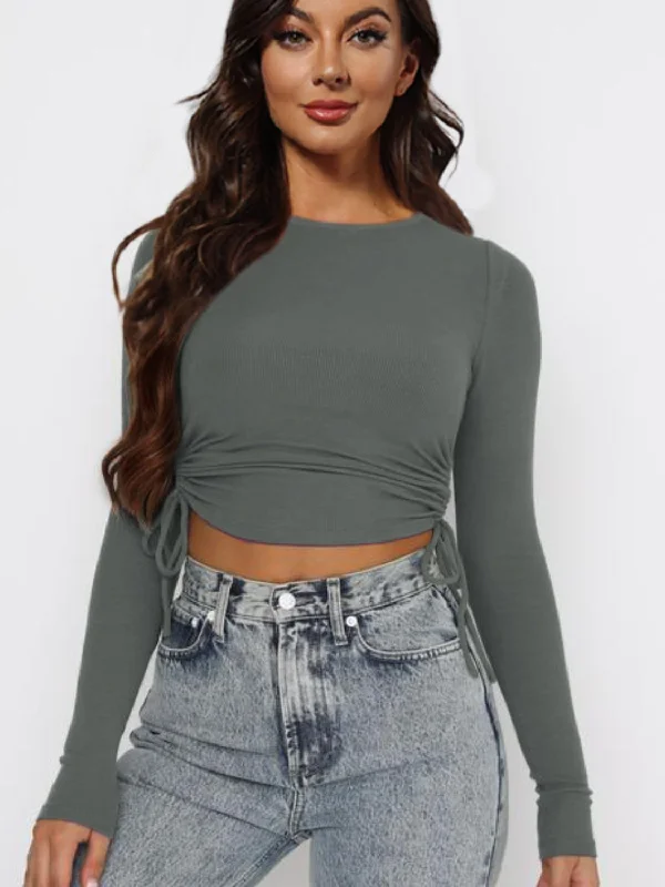 Drawstring Round Neck Long Sleeve Top