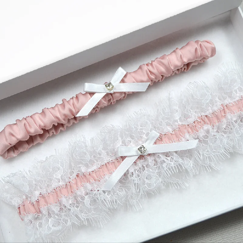 Edie Powder Pink & Chantilly Lace Satin Wedding Garter Set (15 Colours)