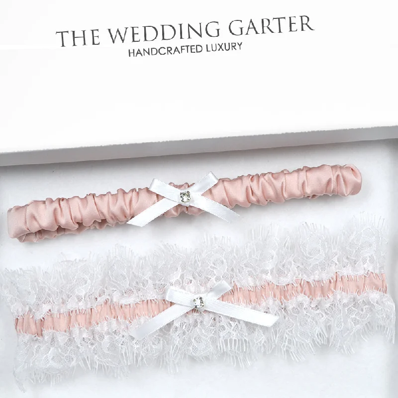 Edie Powder Pink & Chantilly Lace Satin Wedding Garter Set (15 Colours)