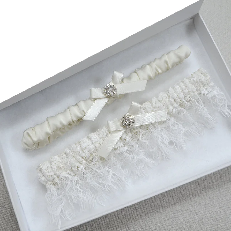 Evangeline Ivory Satin & Chantilly Lace Wedding Garter Set