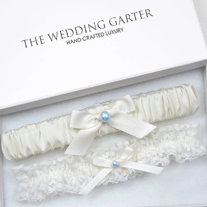 Grace Ivory Satin & Lace Wedding Garter Set (Available in 3 Colours)