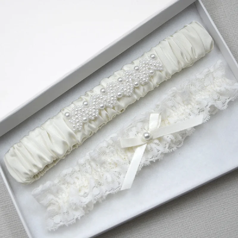 Heidi Ivory Satin & Lace Wedding Garter Set