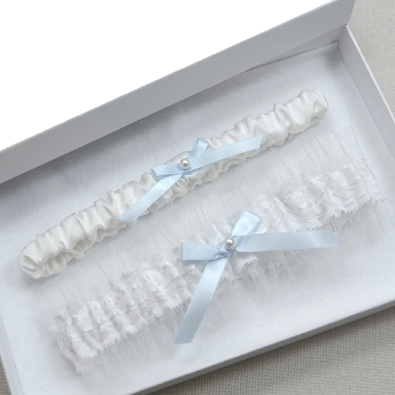 Holly Tule & White Satin Wedding Garter Set