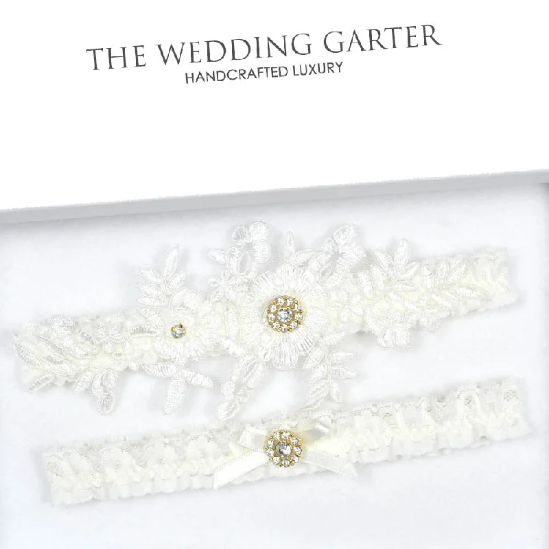 Ivory Lace Wedding Garter Set With Floral Applique