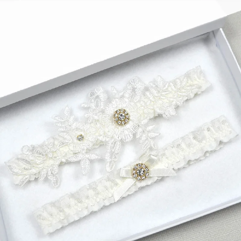 Ivory Lace Wedding Garter Set With Floral Applique