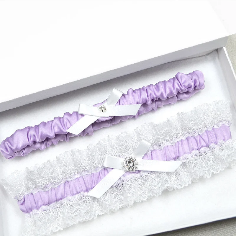 Lilac Satin & Lace Wedding Garter Set