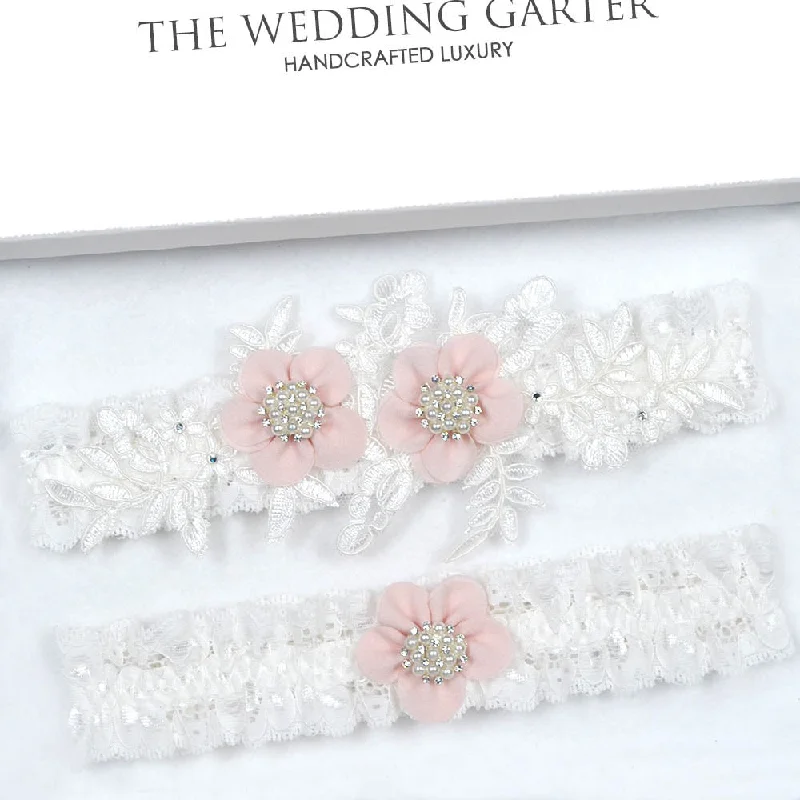 Luxury Ivory Lace Applique Garter Set With Pink Flowers