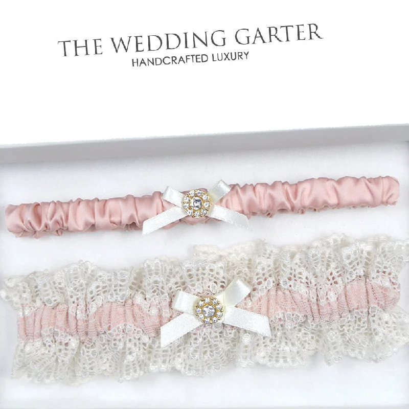 Mary Powder Pink & Nude Lace Satin Wedding Garter Set