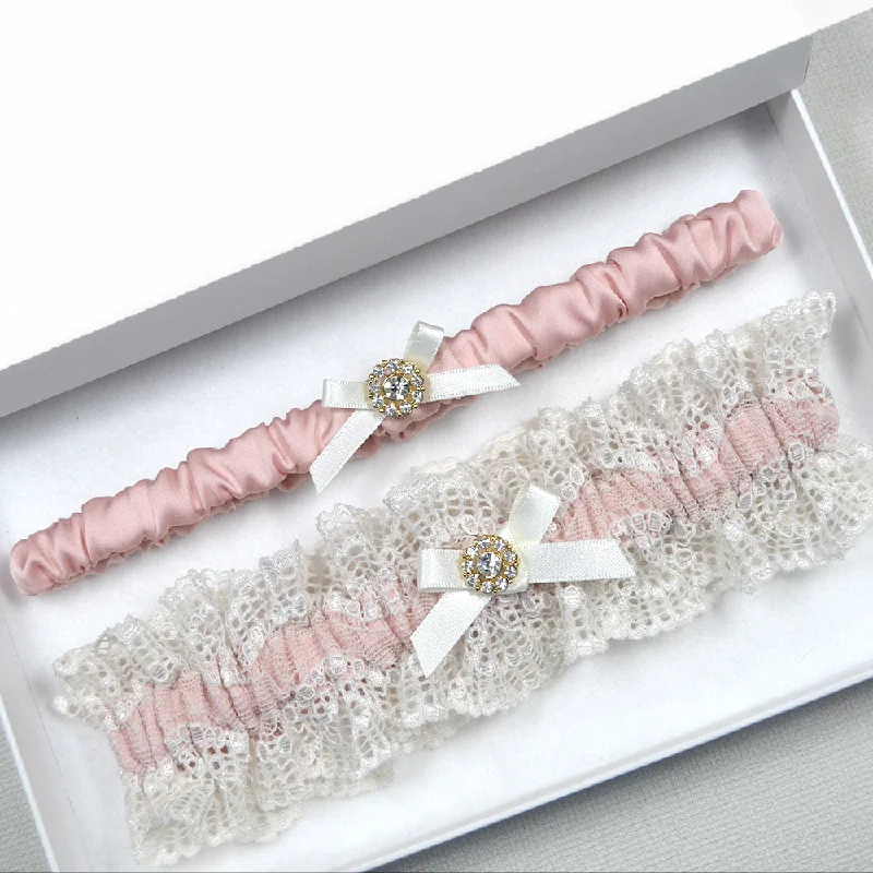 Mary Powder Pink & Nude Lace Satin Wedding Garter Set