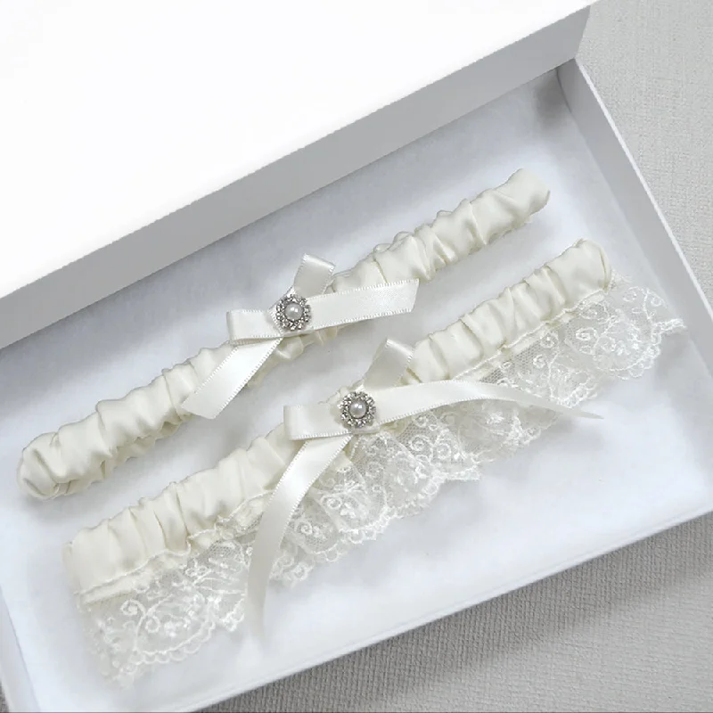 Natasha Romantic Ivory Lace & Satin Bridal Garter Set For Bride