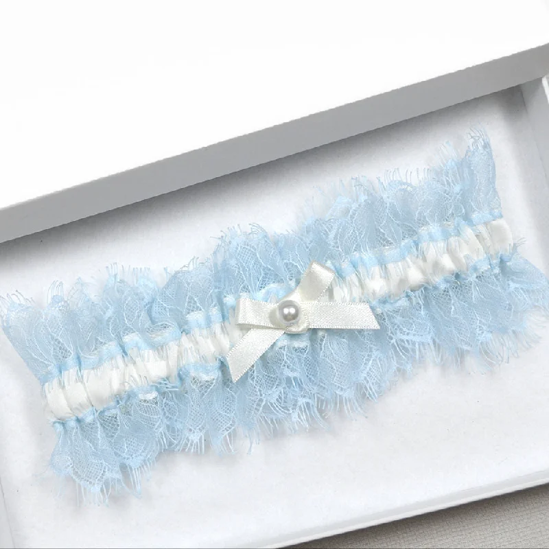 Nina Pale Ivory Satin and Blue Eyelash Lace Trim Bridal Garter