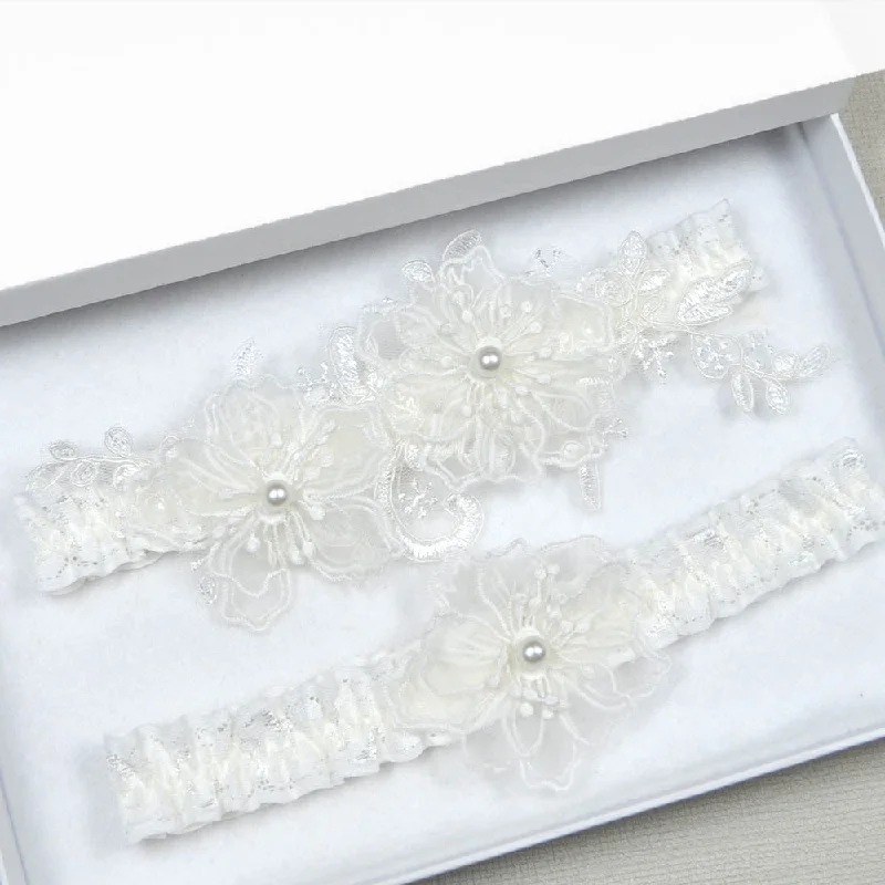 Organza Floral Applique Ivory Wedding Garter Set