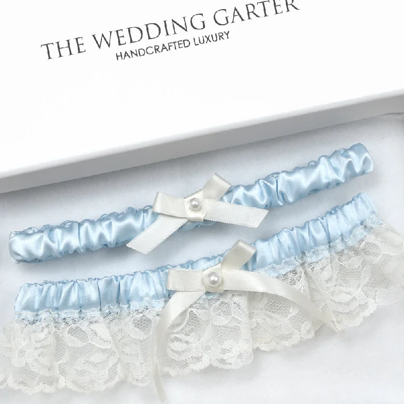 Sky Blue Satin & Ivory Lace Wedding Garter Set With Toss Garter