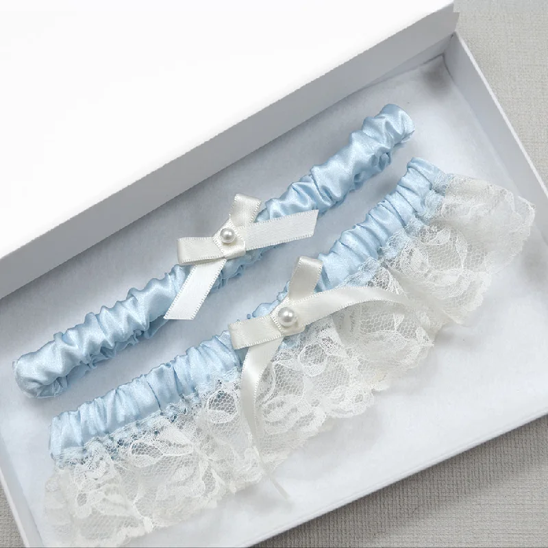 Sky Blue Satin & Ivory Lace Wedding Garter Set With Toss Garter