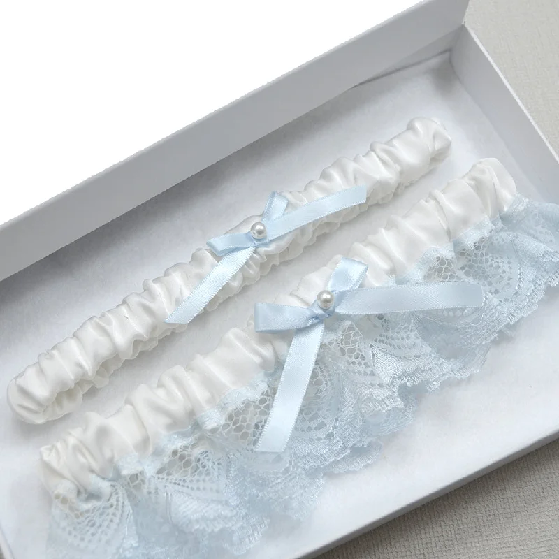 Yasmin White & Blue Vintage Wedding Garter Set